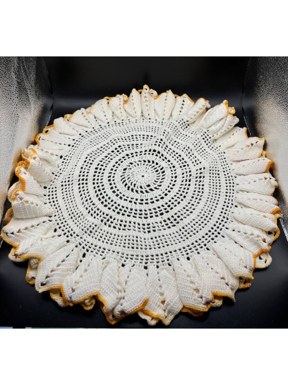 Handmade Crochet Doily Scalloped Yellow Edges Sunflower Design Vintage 18 “